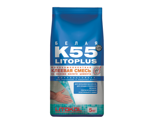 LitoPlus K55 Клеевая смесь на основе белого цемента для укладки плитки и стеклянной мозаики в бассейнах и помещениях с повышенной влажностью (ва